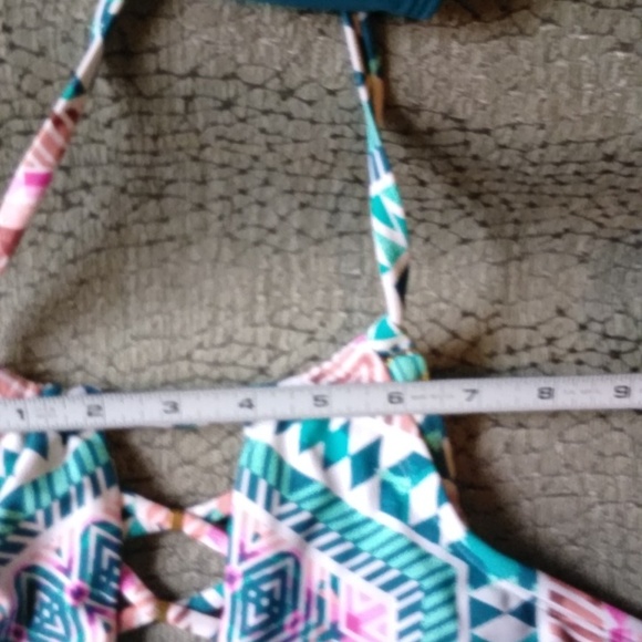 High neck laced front teal and rust bikini w cheeky bottoms - Picture 11 of 12